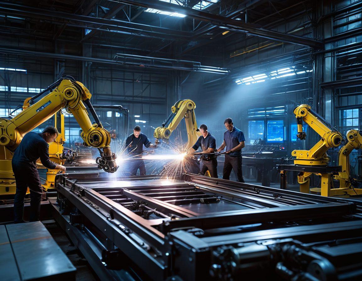 A futuristic steel manufacturing facility featuring advanced machinery and robotic arms, showcasing the transformation of raw materials into steel products. Include engineers collaborating over blueprints and holographic diagrams. The scene should convey a sense of innovation and precision, with glowing steel beams being shaped and processed. ambient light highlighting the metallic textures. super-realistic. vibrant colors. industrial background.