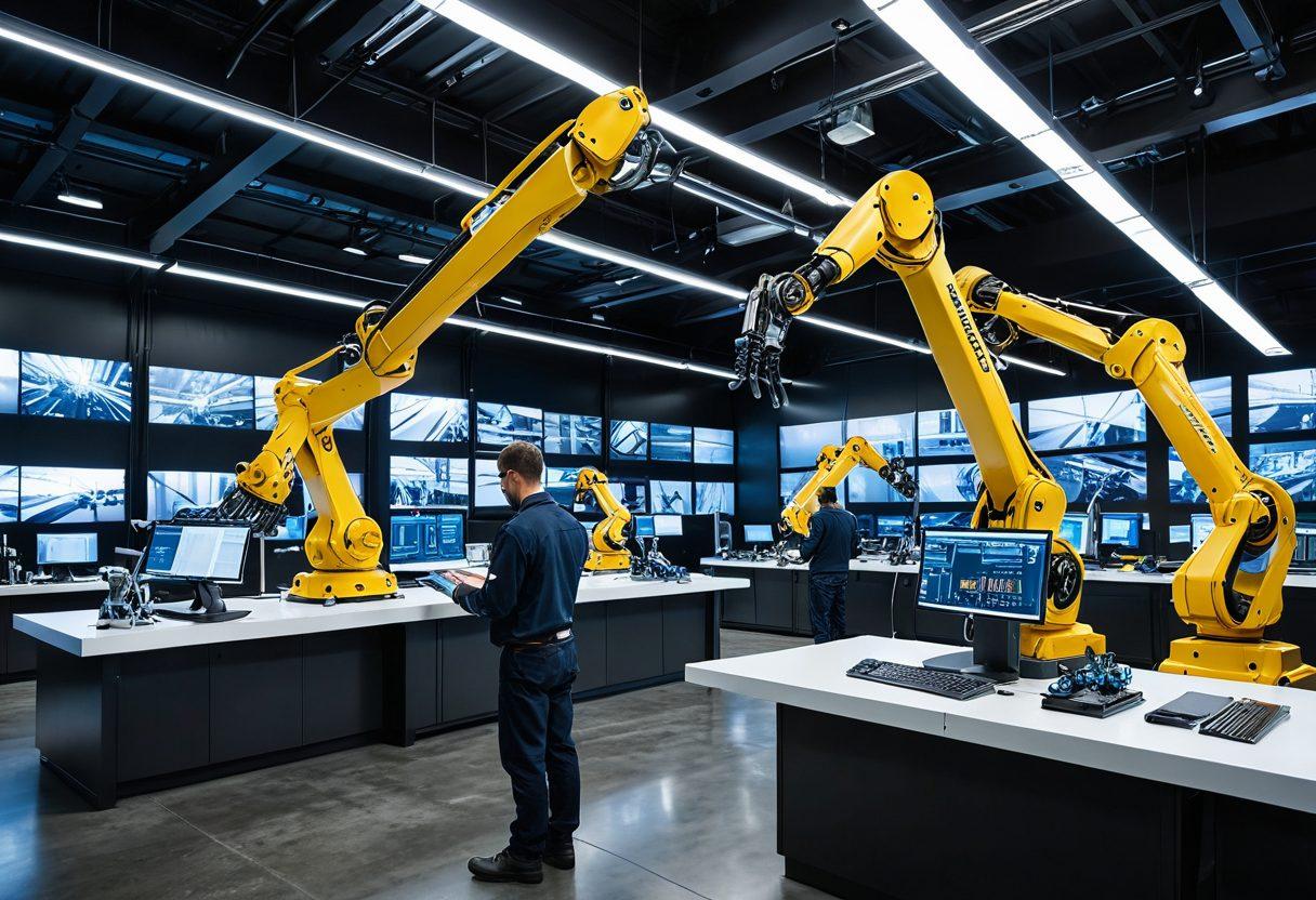 A futuristic workshop showcasing advanced steel fabrication techniques, featuring robotic arms and high-tech machinery at work. Bright, polished steel structures emerging in a well-lit environment. Workers collaborating, wearing safety gear, surrounded by digital displays of blueprints and 3D models. Vivid color contrasts to highlight the modernity of the workspace. super-realistic. vibrant colors. high-tech aesthetic.