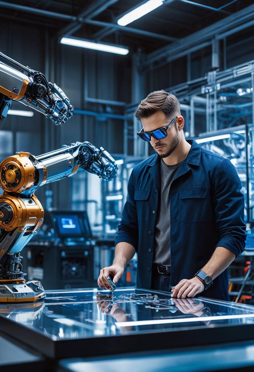 A futuristic factory scene showcasing advanced metal production and fabrication technologies, featuring robotic arms, 3D metal printers, and sleek machinery. Visualize an engineer observing the process with augmented reality glasses, surrounded by glowing metal prototypes. The background should include blueprints and metallic textures, symbolizing innovation and progress. vibrant colors. high-tech aesthetic. 3D.